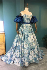 Blue Floral Pattern Long Senior Corset Prom Dress, Off the Shoulder Evening Party Dress Outfits, Prom Dresses Ball Gown