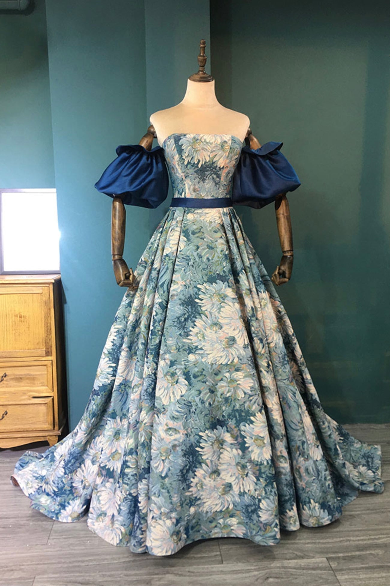 Blue Floral Pattern Long Senior Corset Prom Dress, Off the Shoulder Evening Party Dress Outfits, Prom Dresses For Teens