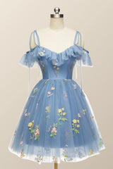 Blue Floral Ruffle A-line Corset Homecoming Dress outfit, Prom Dresses Different