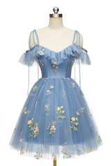 Blue Floral Ruffle A-line Corset Homecoming Dress outfit, Prom Dress For Teens