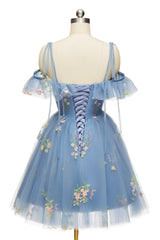 Blue Floral Ruffle A-line Corset Homecoming Dress outfit, Prom Dress V Neck