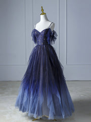Blue Gradient Tulle Long Corset Prom Dress,Beautiful Spaghetti Strap Celebrity Dresses outfit, Spring Wedding