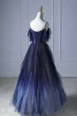 Blue Gradient Tulle Long Corset Prom Dress, Spaghetti Strap Evening Dress outfit, Bridesmaid Dresses Long Sleeve