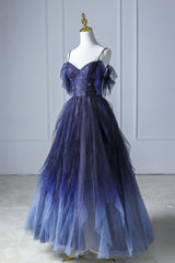 Blue Gradient Tulle Long Corset Prom Dress, Spaghetti Strap Evening Dress outfit, Bridesmaid Dress With Sleeves