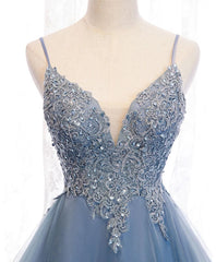 Blue High Low Tulle V-neckline Straps Party Dress with Lace, Cute Corset Homecoming Dress outfit, Homecoming Dresses Idea