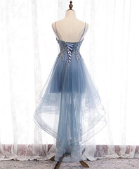Blue High Low Tulle V-neckline Straps Party Dress with Lace, Cute Corset Homecoming Dress outfit, Homecoming Dress Ideas