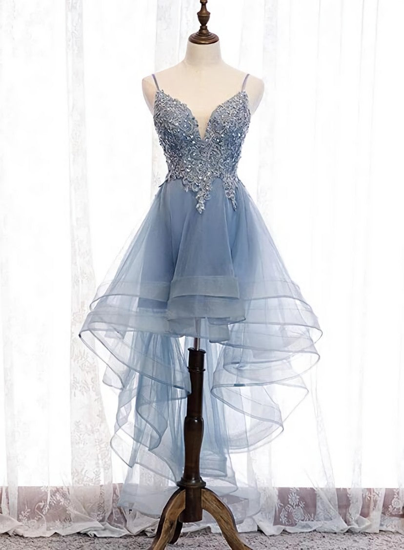 Blue High Low Tulle V-neckline Straps Party Dress with Lace, Cute Corset Homecoming Dress outfit, Homecoming Dresses Classy