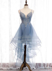 Blue High Low Tulle V-neckline Straps Party Dress with Lace, Cute Corset Homecoming Dress outfit, Homecoming Dresses Classy