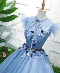 Blue High Neck Tulle Blue Long Corset Prom Dress, Blue Evening Dress outfit, Evening Dress Elegant