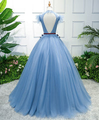Blue High Neck Tulle Blue Long Corset Prom Dress, Blue Evening Dress outfit, 2036 Prom Dress