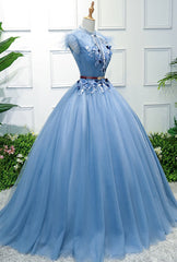 Blue High Neck Tulle Blue Long Corset Prom Dress, Blue Evening Dress outfit, Evening Dress