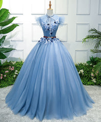Blue High Neck Tulle Blue Long Corset Prom Dress, Blue Evening Dress outfit, Princess Dress