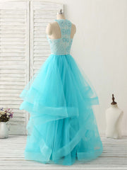 Blue High Neck Tulle Long Corset Prom Dress Blue Evening Dress outfit, Boho Dress