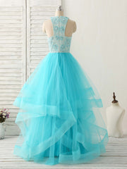 Blue High Neck Tulle Long Corset Prom Dress Blue Evening Dress outfit, Formal