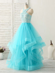 Blue High Neck Tulle Long Corset Prom Dress Blue Evening Dress outfit, Short Formal Dress