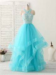 Blue High Neck Tulle Long Corset Prom Dress Blue Evening Dress outfit, Semi Formal Outfit