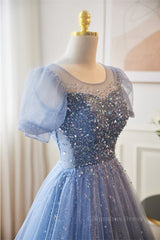 Blue Illusion Neck Puff Sleeves A-line Sequined Long Corset Prom Dress outfits, Purple Prom Dress