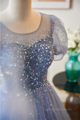 Blue Illusion Neck Puff Sleeves A-line Sequined Long Corset Prom Dress outfits, Homecoming Dress