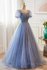 Blue Illusion Neck Puff Sleeves A-line Sequined Long Corset Prom Dress outfits, Satin Dress