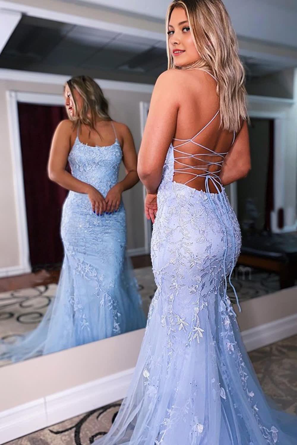 Blue Lace Mermaid Backless Corset Prom Corset Formal Dress outfit, Blue Lace Mermaid Backless Prom Formal Dress