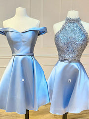 Blue lace satin short Corset Prom dress, blue Corset Homecoming dress outfit, Prom Dresses For Girls