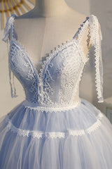 Blue Lace Short A-Line Corset Prom Dress, Cute V-Neck Corset Homecoming Party Dress Outfits, Evening Dress For Weddings