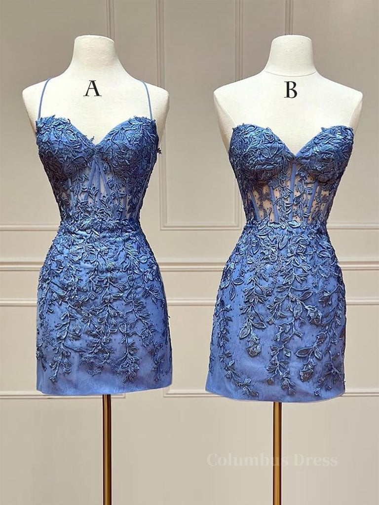 Blue Lace Short Corset Prom Dress, Blue Corset Homecoming Dress outfit, Short Dress