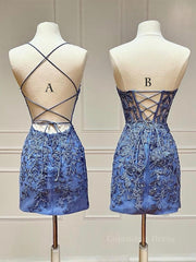 Blue Lace Short Corset Prom Dress, Blue Corset Homecoming Dress outfit, Quince Dress