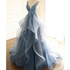 Blue Lace Top with Layers Tulle Corset Prom Dress, New Straps Evening Gown outfits, Casual Dress