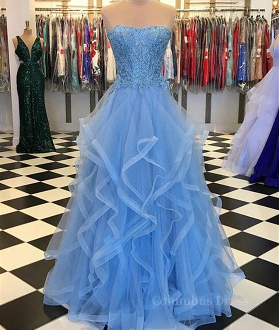 Blue Lace Tulle Long Corset Prom Dresses, Blue Lace Corset Ball Gown, Blue Lace Corset Formal Dresses, Evening Dresses outfit, Bridesmaids Dress Trends