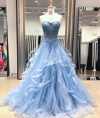 Blue Lace Tulle Long Corset Prom Dresses, Blue Lace Corset Ball Gown, Blue Lace Corset Formal Dresses, Evening Dresses outfit, Bridesmaid Dresses Trends