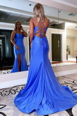 Blue Lace Up Corset Prom Dress With Slit Gowns, Blue Lace Up Prom Dress With Slit