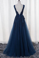 Blue Long A-line Corset Bridesmaid Dress, Dark Blue Tulle Party Dress Outfits, Formal Dresses Modest