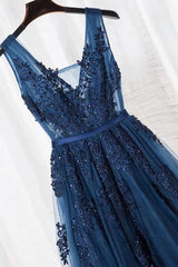 Blue Long A-line Corset Bridesmaid Dress, Dark Blue Tulle Party Dress Outfits, Formal Dress Modest