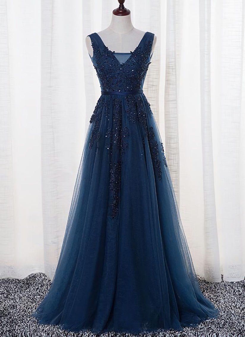 Blue Long A-line Corset Bridesmaid Dress, Dark Blue Tulle Party Dress Outfits, Formal Dress For Beach Wedding