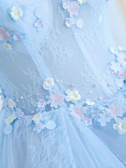 Blue Long Lace Floral Corset Prom Dresses, Long Blue Lace Corset Formal Evening Dresses with Flowers outfit, Beach Wedding Guest Dress