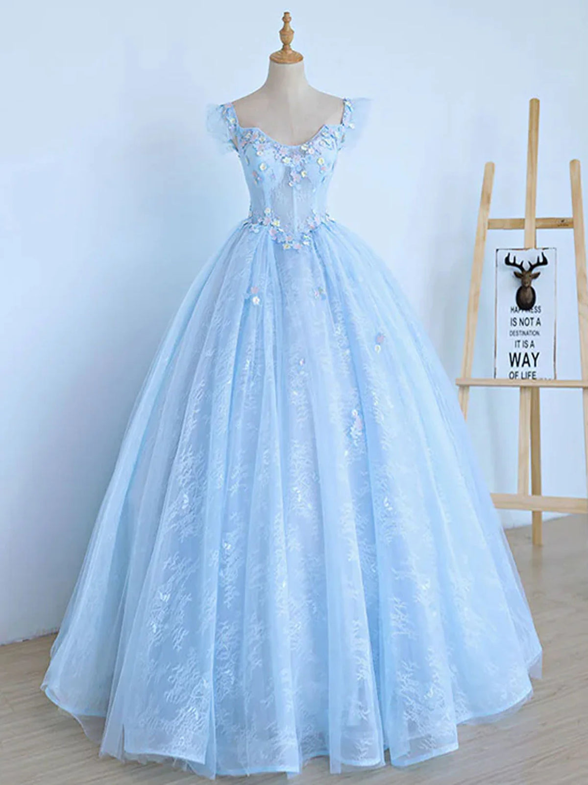 Blue Long Lace Floral Corset Prom Dresses, Long Blue Lace Corset Formal Evening Dresses with Flowers outfit, Elegant Wedding