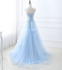 Blue Long Corset Prom Dresses, Aline Sweetheart Neck Blue Corset Formal Graduation Dresses outfit, Long Dress Outfit