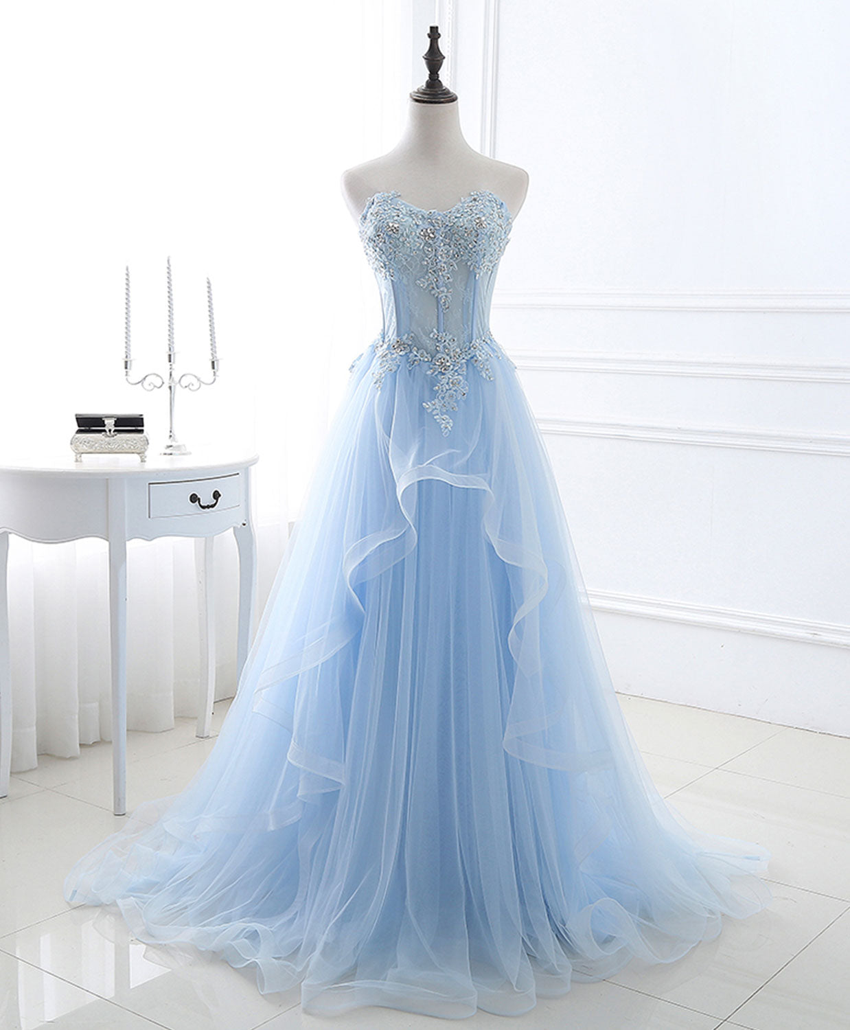 Blue Long Corset Prom Dresses, Aline Sweetheart Neck Blue Corset Formal Graduation Dresses outfit, Flowy Prom Dress