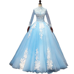 Blue Long Sleeves lace Tulle Sweet 16 Dress, Light Blue Corset Ball Gown Corset Formal Dress, Party Dress Outfits, Simple Prom Dress