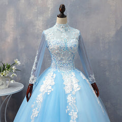 Blue Long Sleeves lace Tulle Sweet 16 Dress, Light Blue Corset Ball Gown Corset Formal Dress, Party Dress Outfits, Unique Wedding Dress