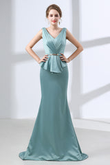Blue Mermaid Satin V-neck Backless Corset Prom Dresses With Sash Gowns, Evening Dresses For Sale