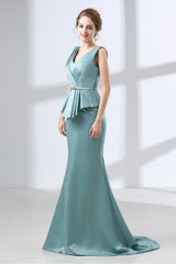 Blue Mermaid Satin V-neck Backless Corset Prom Dresses With Sash Gowns, Evening Dress Store