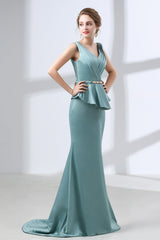Blue Mermaid Satin V-neck Backless Corset Prom Dresses With Sash Gowns, Evening Dresses Stores