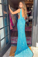 Blue Mermaid Sequin Corset Prom Dress with V-Neck Gowns, Blue Mermaid Sequin Prom Dress with V-Neck
