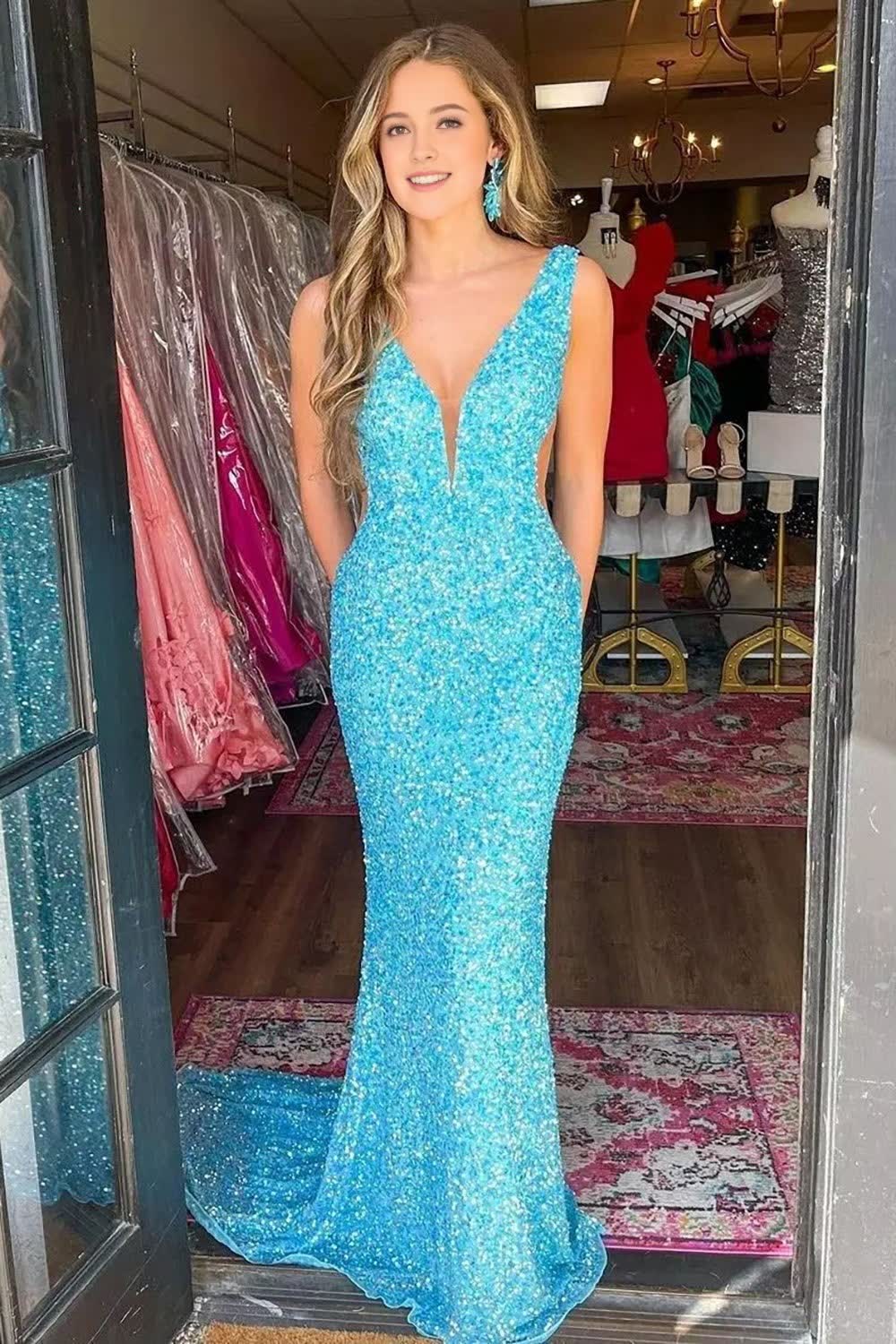 Blue Mermaid Sequin Corset Prom Dress with V-Neck Gowns, Blue Mermaid Sequin Prom Dress with V-Neck