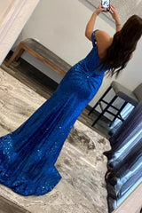 Blue Off Shoulder Mermaid Corset Prom Dress with Slit Gowns, Blue Off Shoulder Mermaid Prom Dress with Slit