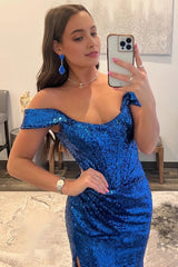 Blue Off Shoulder Mermaid Corset Prom Dress with Slit Gowns, Blue Off Shoulder Mermaid Prom Dress with Slit