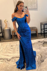 Blue Off Shoulder Mermaid Corset Prom Dress with Slit Gowns, Blue Off Shoulder Mermaid Prom Dress with Slit