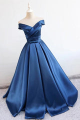 Blue Off Shoulder Satin Long Corset Prom Dresses, Off Shoulder Blue Corset Formal Dresses, Corset Ball Gown, Evening Dresses outfit, Bridesmaid Dresses Fall Color